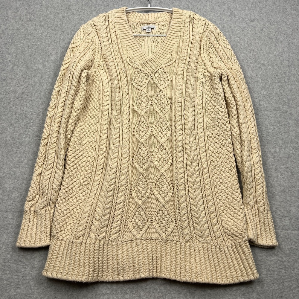 LL Bean Signature Sweater Womens Medium Ivory Cotton Fisherman Chunky Knit Tunic